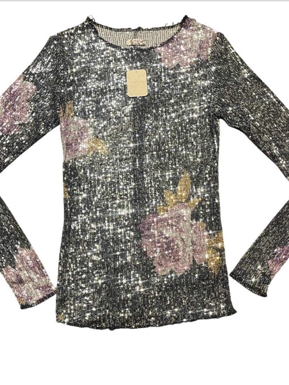 Free People Intimately Black Purple Sequin Rose Floral Long Sleeve XS Top NWT